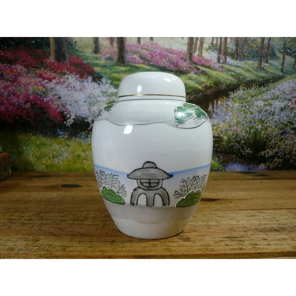 Japanese Moriage Handpainted Porcelain Ginger Jar Woman & Girl in Garden